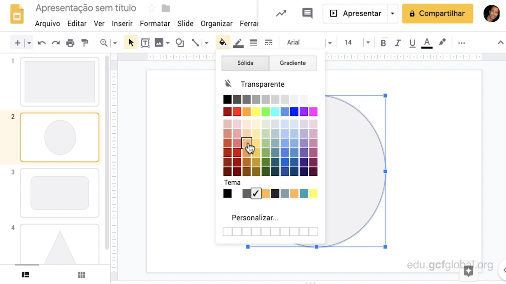 Imagem das Apresentações do Google e suas opções de preenchimento.